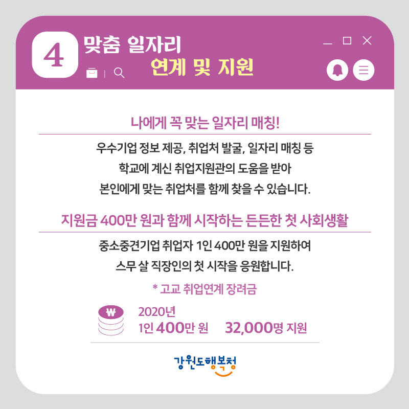 4. 맞춤 일자리 연계 및 지원 
- 나에게 꼭 맞는 일자리 매칭! : 우수기업 정보 제공, 취업처 발굴, 일자리 매칭 등 학교에 계신 취업지원관의 도움을 받아 본인에게 맞는 취업처를 함께 찾을 수 있습니다.
- 지원금 400만 원과 함께 시작하는 든든한 첫 사회생활 : 중소중견기업 취업자 1인 400만원을 지원하여 스무살 직장인의 첫 시작을 응원합니다.
*고교 취업연계 장려금 - 2020년 1인 400만원 32,000명 지원