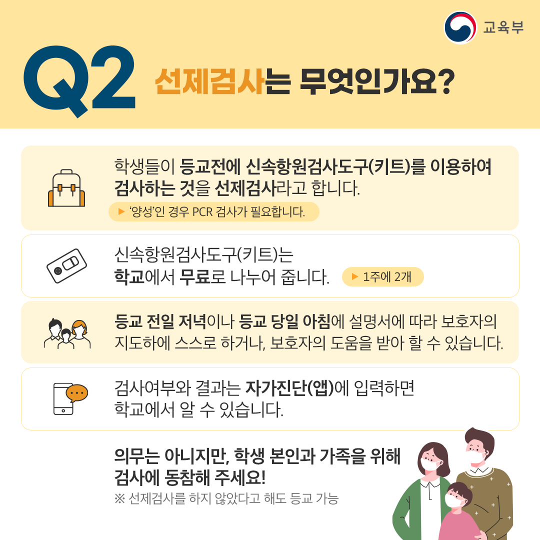 Q2 선제검사는 무엇인가요?
학생들이 등교전에 신속항원검사도구(키트)를 이용하여
검사하는 것을 선제검사라고 합니다.
▶ '양성'인 경우 PCR 검사가 필요합니다.
신속항원검사도구(키트)는 학교에서 무료로 나누어 줍니다. ▶ 1주에 2개
등교 전일 저녁이나 등교 당일 아침에 설명서에 따라 보호자의 지도하에 스스로 하거나, 보호자의 도움을 받아 할 수 있습니다.
검사여부와 결과는 자가진단(앱)에 입력하면 학교에서 알 수 있습니다.
의무는 아니지만, 학생 본인과 가족을 위해 검사에 동참해 주세요!
※선제검사를 하지 않았다고 해도 등교 가능