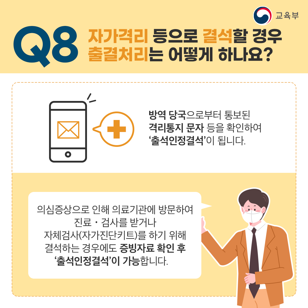 Q8 자가격리 등으로 결석할 경우 출결처리는 어떻게 하나요?
방역 당국으로부터 통보된 격리통지문자 등을 확인하여 '출석인정결석’이 됩니다.
의심증상으로 인해 의료기관에 방문하여 진료·검사를 받거나 자체검사(자가진단키트)를 하기 위해 결석하는 경우에도 증빙자료 확인 후 '출석인정결석'이 가능합니다.