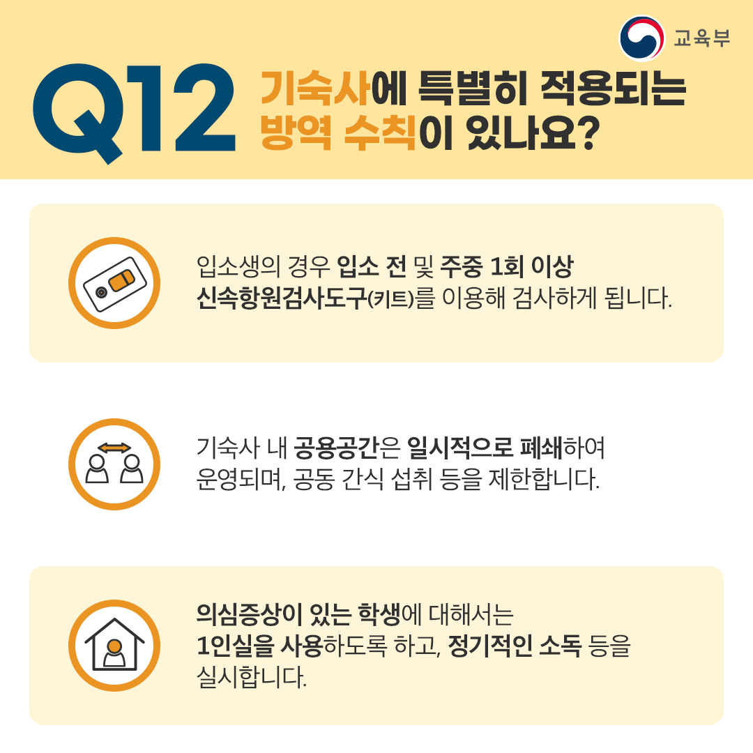 Q12 기숙사에 특별히 적용되는 방역 수칙이 있나요?
입소생의 경우 입소 전 및 주중 1회 이상 신속항원검사도구(키트)를 이용해 검사하게 됩니다.
기숙사 내 공용공간은 일시적으로 폐쇠하여 운영되며, 공동 간식 섭취 등을 제한합니다.
의심증상이 있는 학생에 대해에서는 1인실을 사용하도록 하고, 정기적인 소독 등을 실시합니다.