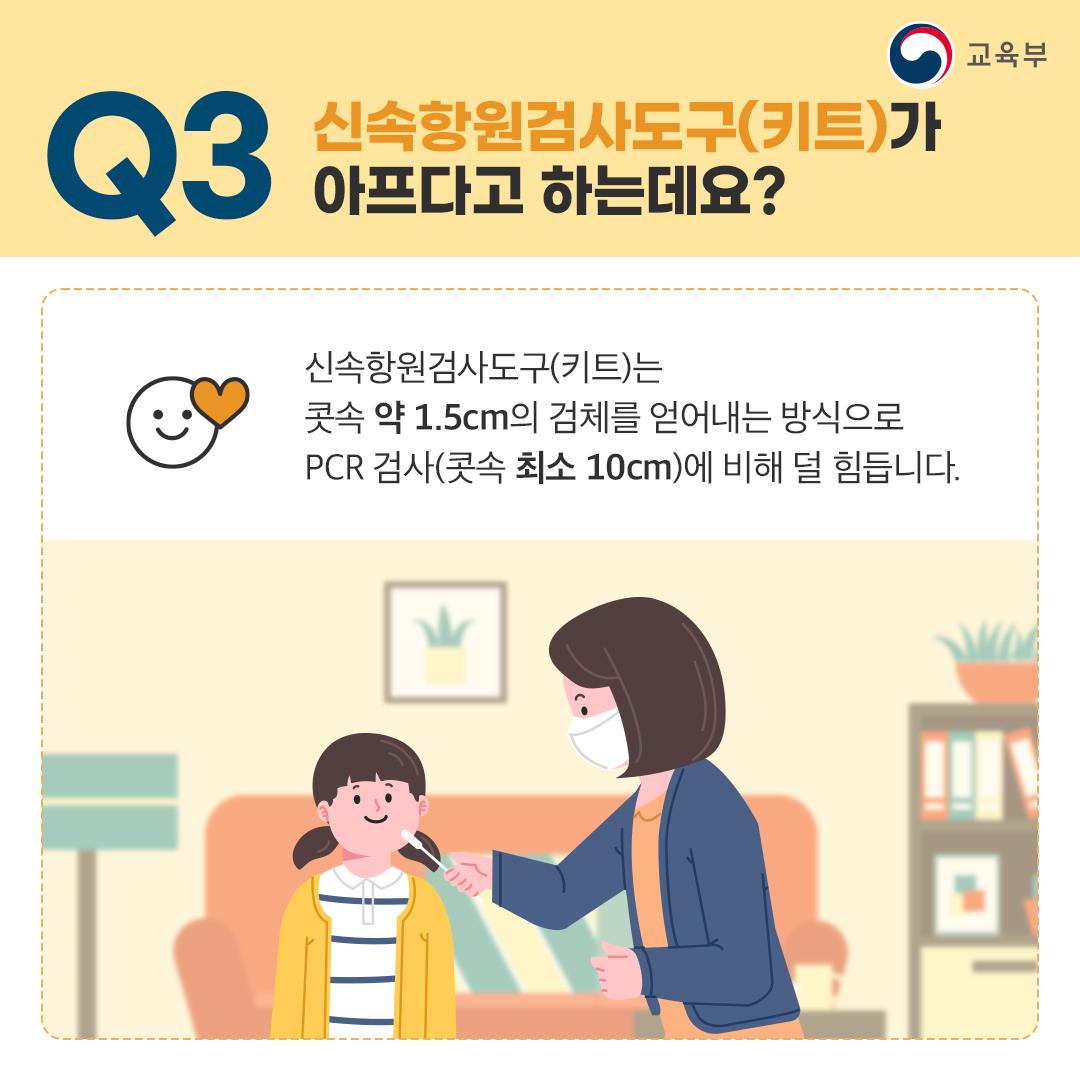 Q3
신속항원검사도구(키트)가 아프다고 하는데요?
신속항원검사도구(키트)는 콧속 약 1.5cm의 검체를 얻어내는 방식으로 PCR 검사(콧속 최소 10cm)에 비해 덜 힘듭니다.